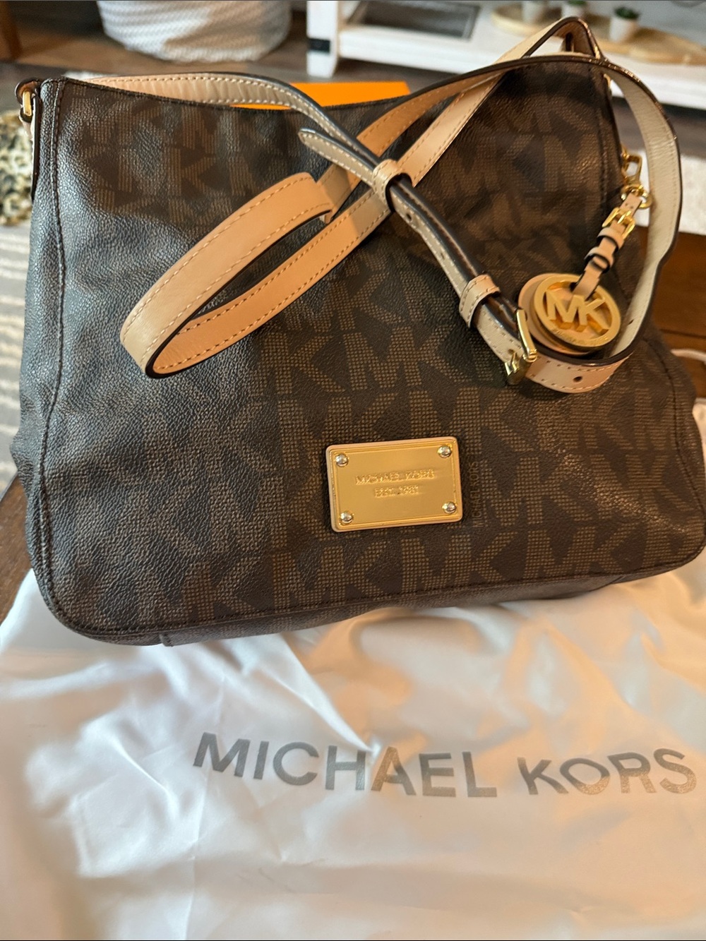 Michael Kors Brown and Tan Logo Crossbody with Gold Accent